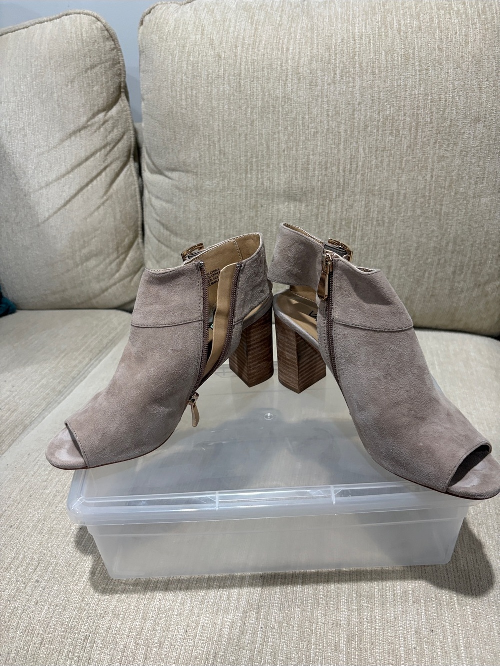 Van Eli Taupe Suede Open-Toe Block Heel Booties